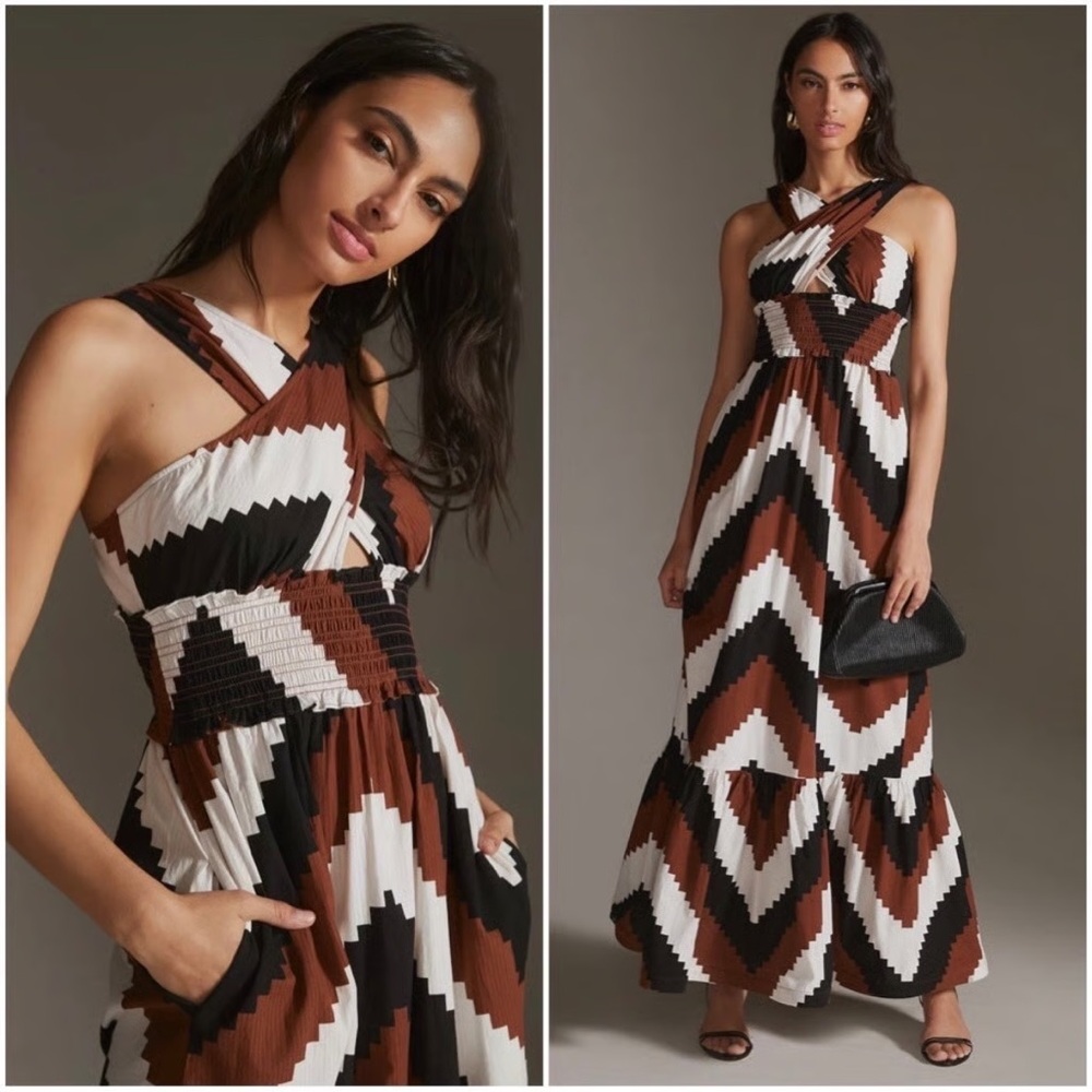 Anthropologie Black and Brown Chevron Maxi Dress